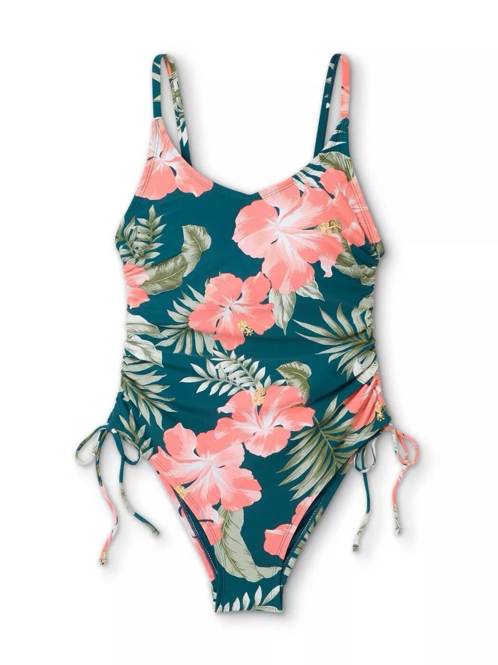 Kona Sol Teal Floral Side-Tie One Piece Swimsuit - Picture 3 of 7
